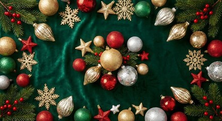 Assorted ornaments such as baubles and stars arranged on a green surface in a Merry Christmas and Happy Holidays theme.