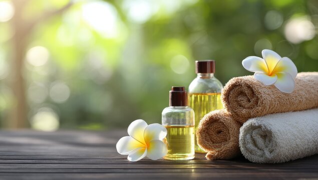Spa serenity oils towels and tropical blooms - Powered by Adobe