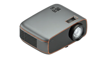 Modern Gray Digital Projector with Orange Accents and Lens on a Transparent Background