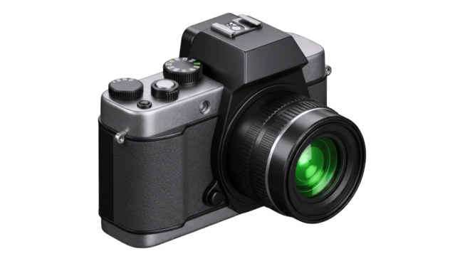 Modern Digital Camera with Textured Grip and Green Lens Detail Isolated on Black Background