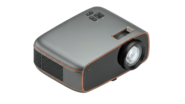 Modern Gray Digital Projector with Orange Accents and Lens on a Transparent Background