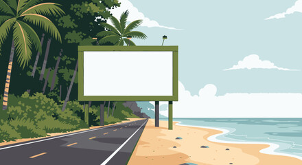 A large, blank billboard stands prominently beside a scenic tropical coastal road, offering an ideal advertising canvas with palm trees, sandy beach, and the ocean.