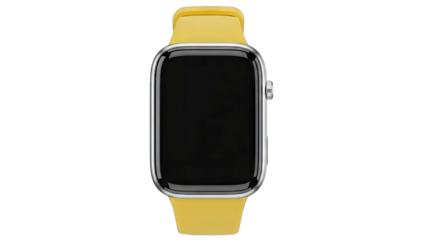 Modern Smartwatch With A Bright Yellow Silicone Band Displaying A Black Screen On A Clean Isolated White Background With Subtle Lighting Highlighting Its Sleek Design And Digital Technology