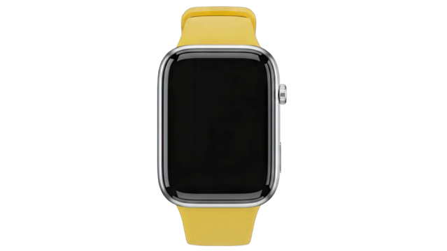 Modern Smartwatch With A Bright Yellow Silicone Band Displaying A Black Screen On A Clean Isolated White Background With Subtle Lighting Highlighting Its Sleek Design And Digital Technology