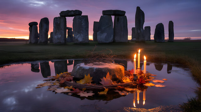Stonehenge at dawn with candles reflecting in water for a pagan ritual