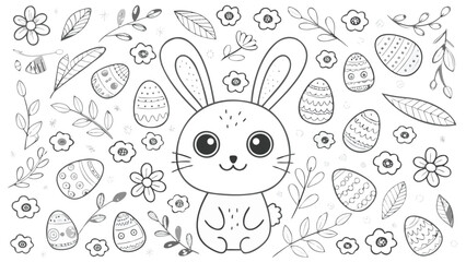 Obraz premium Cute hand drawn easter bunny surrounded by decorative eggs flowers and leaves in a whimsical doodle style