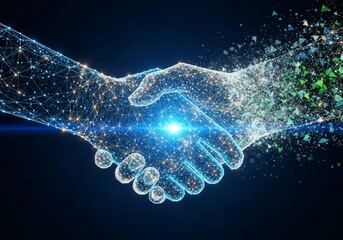 Digital handshake concept with glowing nodes and lines on a dark blue abstract background