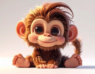 Adorable Cartoon Monkey with Big Eyes and Fluffy Fur Sitting Down.