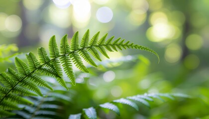 Lush green fern frond backlit by sunlight in a tranquil forest setting with a soft bokeh background.