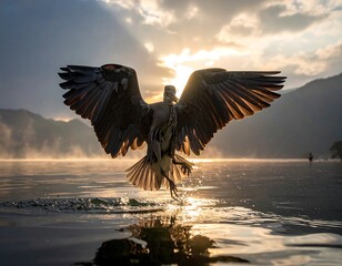 A majestic heron takes flight at dawn, its wings spread wide against a sunlit, misty lake. Rays of light pierce the atmosphere