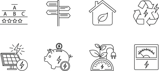 Renewable Energy and Sustainable Efficiency Line Icons Set Featuring Solar Panel, Piggy Bank, Eco House, Recycling, Direction Sign, and Power Meter Concepts.