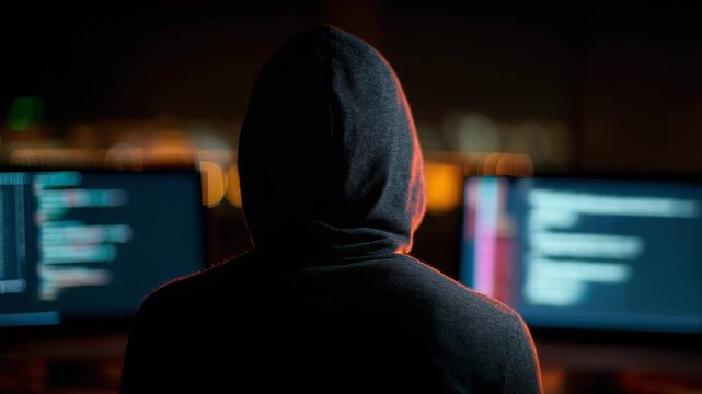 Mysterious hacker in hoodie working on computer programming at night