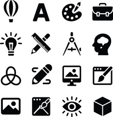 Fototapeta premium Set of Creative Tools Icons, Solid icon set of creative inspiration: lightbulb, pen, paintbrush, camera, notebook, idea, paper, heart, image, monitor