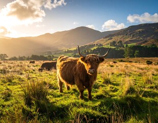 A majestic Highland cow stands in a golden field, the sun setting behind distant mountains casting long shadows