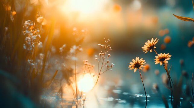A close-up of delicate wildflowers blooming in a meadow bathed in the warm glow of the setting sun. - Powered by Adobe