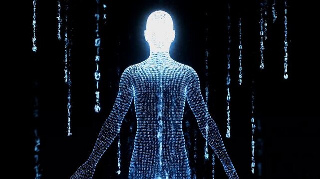 Digital human figure composed of glowing blue particles with data streams falling around it.
