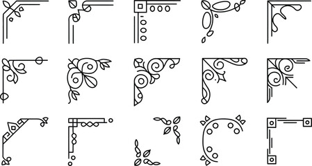 Elegant vector set of black line art decorative corner borders and floral ornaments for page design.