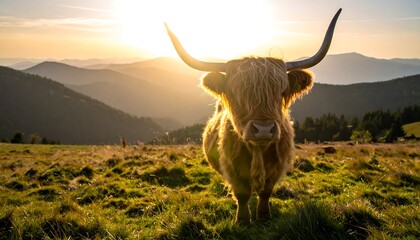 A majestic Highland cow stands in a meadow, backlit by a warm sunset. Rolling hills recede into the distance, golden light