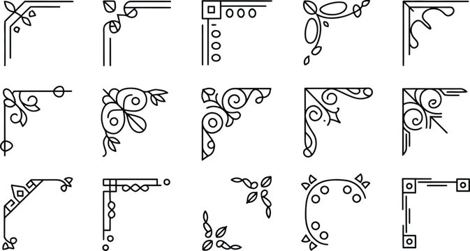 Elegant vector set of black line art decorative corner borders and floral ornaments for page design.