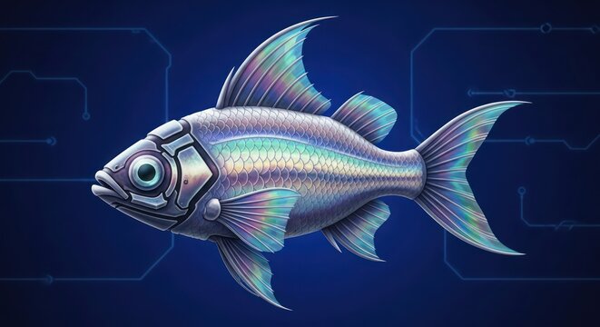 Futuristic aquatic design featuring a cybernetic fish against a circuit board background