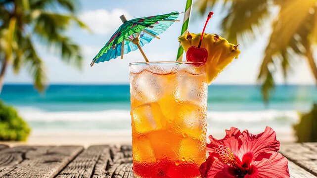 Tropical cocktail with umbrella and fruit on the beach.