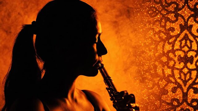 Silhouette of a woman playing a clarinet against a vibrant orange background with ornate patterns.