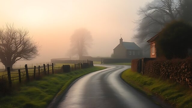 enthalpy. Misty country lane leading to a distant stone cottage. lifestyle magazines, social media lookbooks, designed for influencer and brand collaborations, used by SEO specialists.
