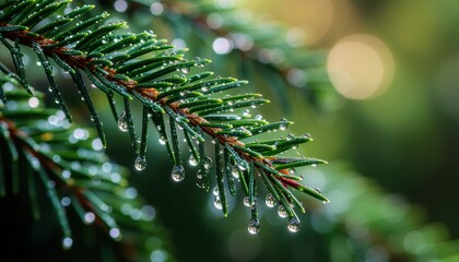 A close-up macro shot of a green evergreen branch with glistening water droplets clinging to the needles after a rain shower.