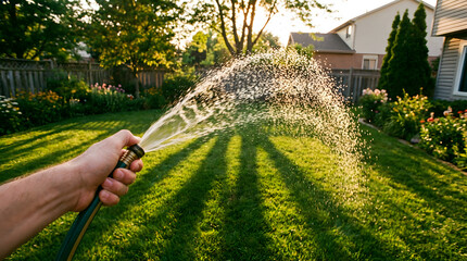 Hand Watering Garden Lawn with Hose Sprinkler