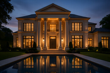 Elegant Luxury Mansion Exterior at Night