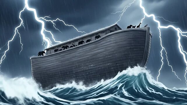 Noah's Ark braves stormy seas, lightning strikes, biblical epic unfolds dynamically