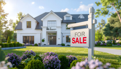Modern Home For Sale Sign in Front of Luxury House