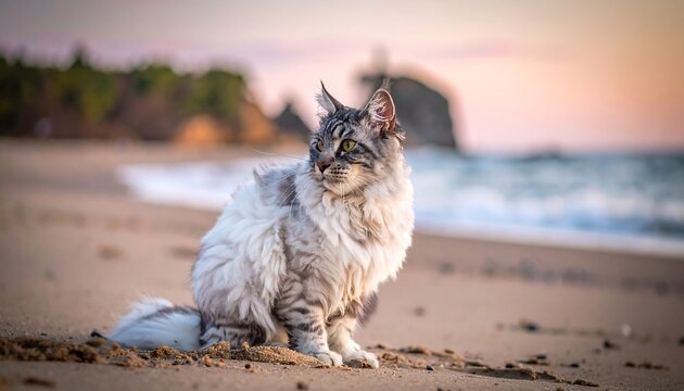 A fluffy, silver cat sits on a sandy beach at sunset, gazing away