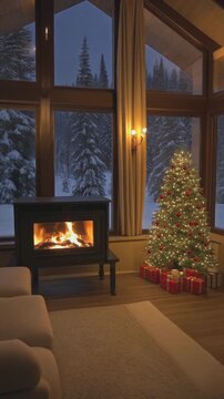Cozy room with fireplace, christmas tree, snowy window view. Perfect for holidaythemed designs, winter promotions, and cozy home decor.
