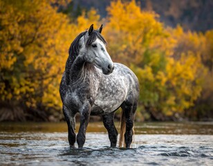 A majestic horse stands in shallow water, dappled grey coat contrasting against the vibrant autumn foliage in a serene setting
