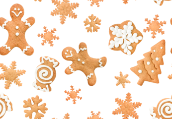 Seamless pattern with gingerbread cookies on a white isolated background
