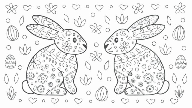 Two decorative easter bunnies surrounded by flowers hearts and eggs in a coloring page style