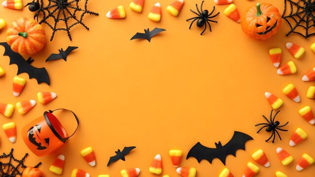 Overhead view of halloween border frame made of candy corn, black spiders, bats, and small pumpkin decorations on a vibrant orange background with copy space - Powered by Adobe
