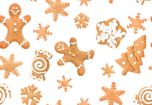 Seamless pattern with gingerbread cookies on a white isolated background - Powered by Adobe