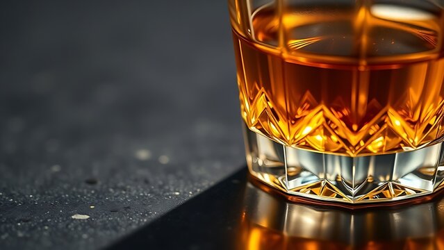 schnapps. Golden schnapps liquid in a crystal glass, light refraction on a dark surface, minimalist style. bar promotions, beverage menus, designed for product packaging and bar promotions.
