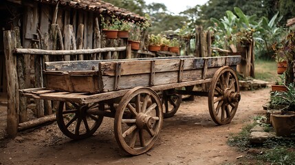 Rustic Wooden Cart in a Rural Setting - A Detailed View.