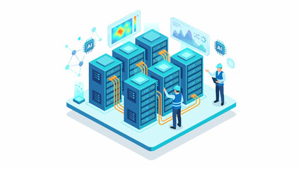 Isometric Data Center Engineers Analyzing AI Server Performance. Cybersecurity and Cloud Computing Infrastructure Management