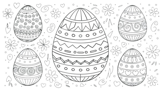 Hand drawn outline of decorative easter eggs with floral and heart motifs for coloring pages