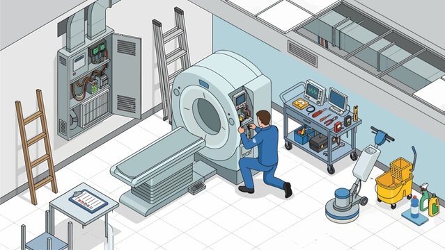 Isometric MRI Machine Maintenance: Healthcare Technician Repairing Medical Equipment in Hospital Room Illustration