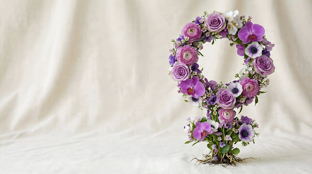 delicate purple floral venus symbol crafted from fresh blossoms on soft fabric backdrop - Powered by Adobe