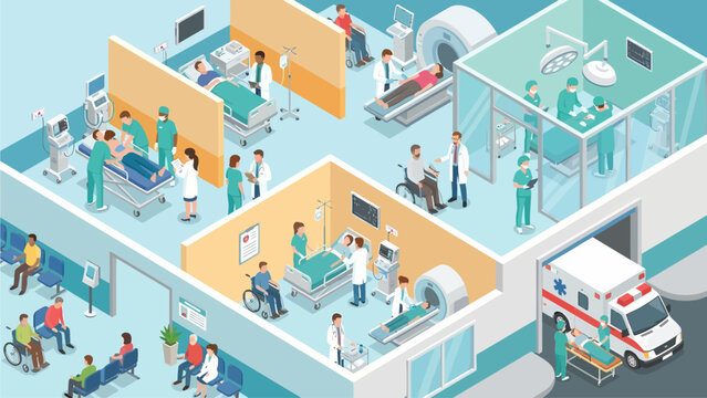 Isometric Hospital Layout Illustration: Emergency Room, Surgery, MRI, and Patient Care - Healthcare Infrastructure Concept