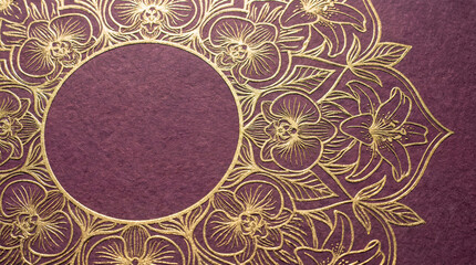 intricate gold floral mandala frame on rich textured maroon background