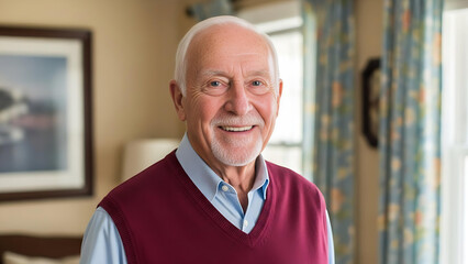 Happy mature man smiling warmly, radiating wisdom and joy in his cozy home, embodying positive aging and family values with a genuine, welcoming expression