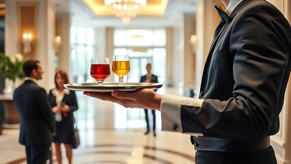 probity. Hotel server presenting welcome drink on silver tray in elegant lobby. bar promotions, beverage menus, designed for food & beverage menus and cafe branding, enhances appetite appeal.
