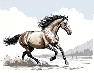 A majestic horse, with flowing mane and tail, gallops across a field. The background shows hills and clouds